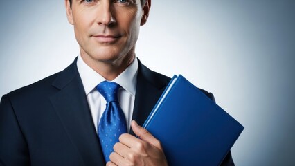 Businessman in dark suit holding blue folder against light background.