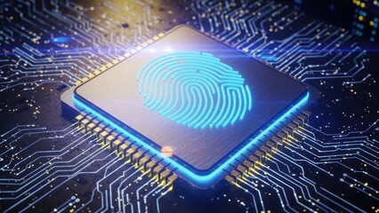 Glowing fingerprint on a microchip surrounded by illuminated circuit board traces.