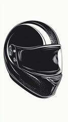 Black and White Illustration of Full Face Motorcycle Helmet with Stripe.