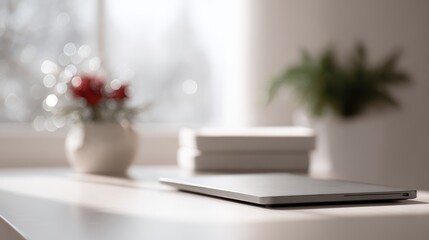 corporate workspace with laptop and festive decor, productivity theme