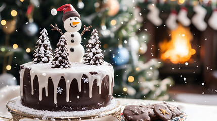 A buttercream holiday cake with an edible snowman and snow-covered tree decorations is displayed against a decorated Christmas tree in a cozy home setting