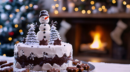 A delicious cream cake with an edible snowman and snow-covered trees against the backdrop of a decorated Christmas tree in a cozy home