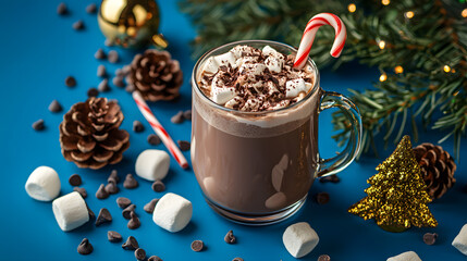 A cup of delicious coffee with cream, candy cane, and chocolate powder, surrounded by fir branches, Christmas tree baubles, and marshmallows on a blue floor