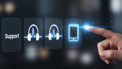 Finger touching glowing interface icons for support and technology.