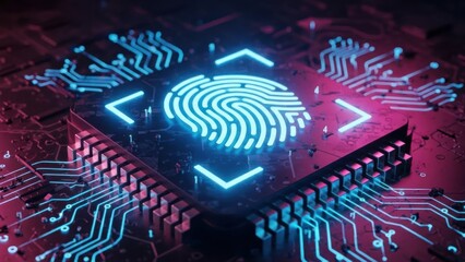 Glowing digital fingerprint on a circuit board with neon light.