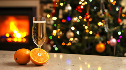 A glass of champagne and a ripe orange stand in the foreground against a decorated Christmas tree in a warm and cozy home interior