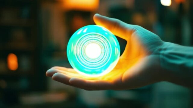 Experience the magic of a luminous orb in a hand. This enchanting video is perfect for inspiration or artistic endeavors. Capture the imagination with this stunning visual. AI