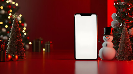 A smartphone with a white screen next to a snowman and decorative Christmas trees against a red studio background