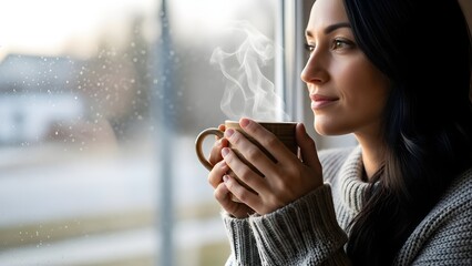 Woman holding coffee mug by window