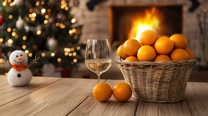 A wicker basket of tangerines and a glass of champagne stand in the foreground against a decorated Christmas tree and fireplace, creating a cozy and festive atmosphere