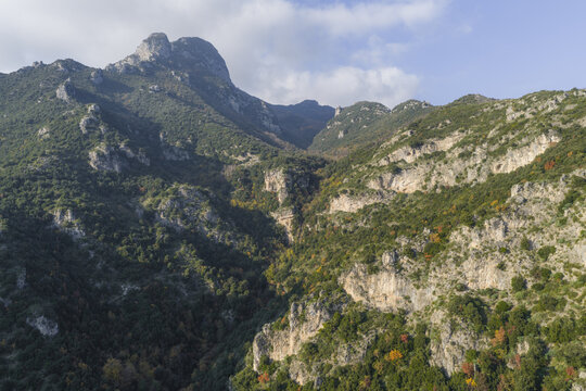 Aerial view of rugged cliffs and lush forests meet under a soft sky, creating a tapestry of green and stone near Erchie, Amalfi Coast, Campania, Italy.