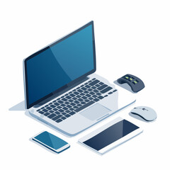 Isometric illustration of a laptop smartphone and computer mice on a white background.