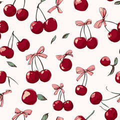 Vibrant pattern featuring hand drawn cherries with bows and leaves, creating playful and cheerful design. Perfect for textiles or wallpapers