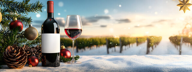 A bottle of wine with a white label next to a glass of wine, fir branches, Christmas tree baubles, and pine cones, against a blurred background of snow-covered vineyards