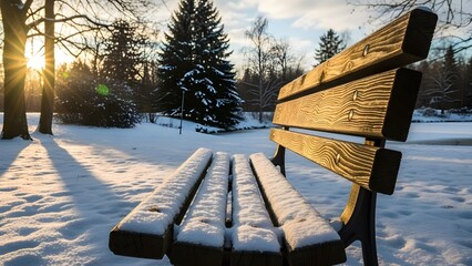 Wooden bench in winter landscape