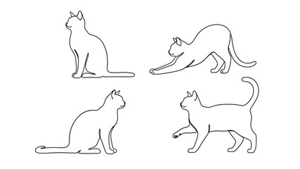 Minimalist line art depicting four cats in various pose outlines