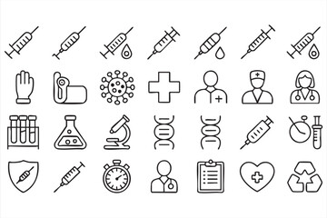 Minimal Medical Icons with Doctors Syringes and Lab Symbols