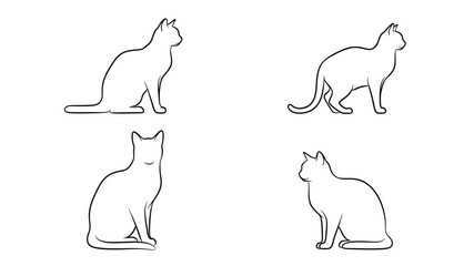 Simple black and white outline drawings of four cats in different poses