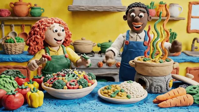 Claymation Cooking - A Whimsical Kitchen Scene with Diverse Characters.