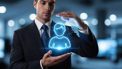 Businessman holds glowing digital human icon with network connections.