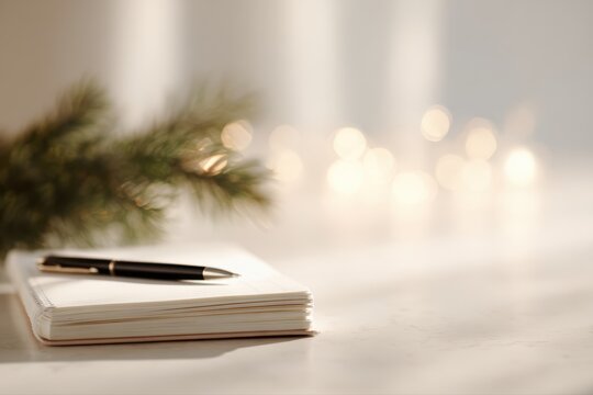 business reflection concept with notebook titled lessons learned, soft holiday lighting