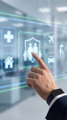 Digital insurance protection concept covering travel, health, home, car and retirement security with family coverage selection on futuristic interface. Vertical bg