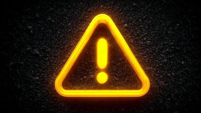 Warning sign with an exclamation mark glowing in bright yellow against a dark background