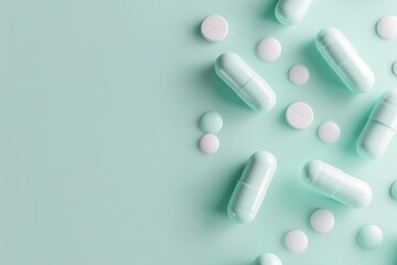 Various pill shapes float above a mint green background. The scene suggests health and wellness. The design focuses on simple shapes and colors, creating a medical theme