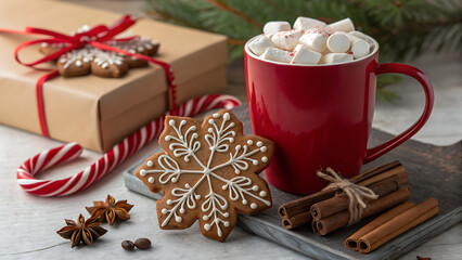 Warm hot chocolate with marshmallows and gingerbread cookies, set for a cozy christmas celebration
