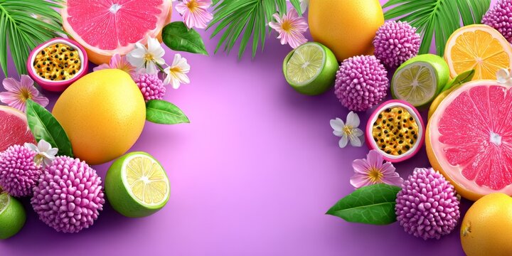 Tropical Fruits Composition with Vibrant Colors and Floral Accents on Flat Surface