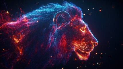 Abstract lion profile, vibrant colors, glowing particles, sparks background