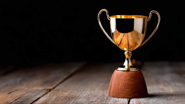 Shiny golden trophy sits on a wooden table in a dark setting, ready for recognition and celebration of achievement and success