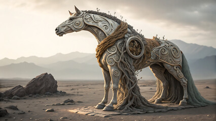 Ancient stone horse statue infused with roots and vines stands majestically in a barren desert landscape