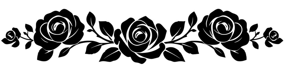 Horizontal black rose floral border with three blooming roses leaves and buds in bold silhouette style isolated on white background