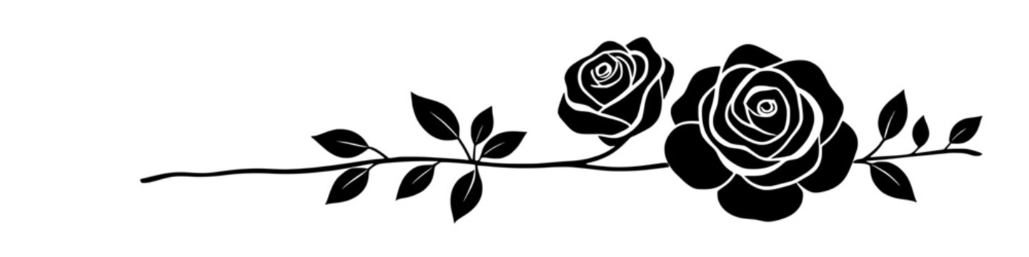 Small horizontal black rose floral divider with leaves in clean silhouette style isolated on white background