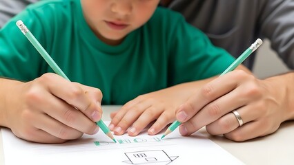 Shared Creation: A father's hand gently guides his young son's as they learn to write and draw together, highlighting family bonding and early educational support.