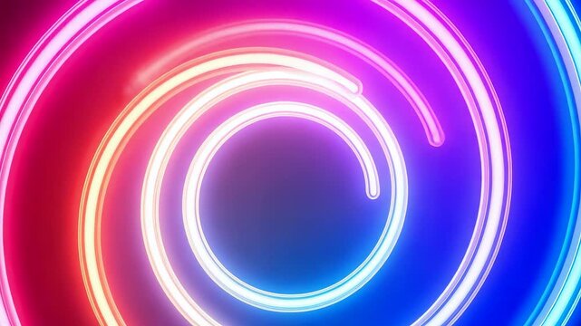 Vibrant neon circular light rings forming a glowing spiral pattern with smooth motion and colorful illumination in a modern abstract design