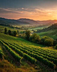 Naklejka premium Panoramic vineyard landscape rolling over gentle hills, glowing under warm golden-hour sunlight.