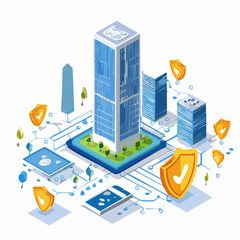 Cybersecurity infrastructure protecting modern city buildings.