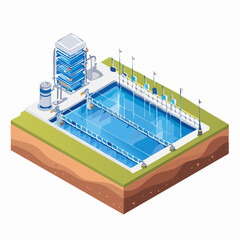 Isometric water treatment plant for purification and recycling.