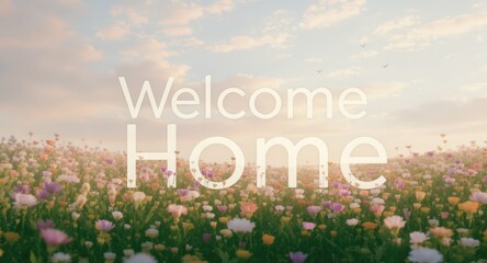 Welcoming Field of Colorful Flowers Under Bright Sky with Text Saying Welcome Home