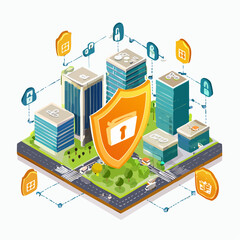 Isometric Smart City with Cybersecurity Shield and Network Connections.