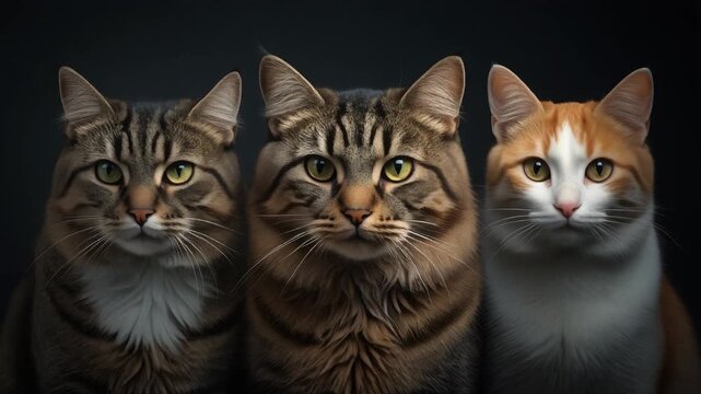 "Three cats with distinct fur patterns sitting side by side against dark background in dramatic lighting."