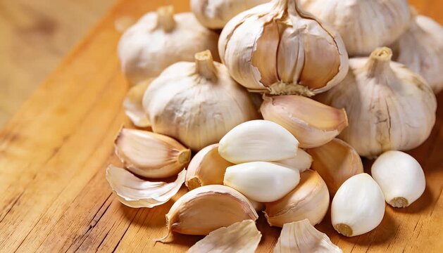 Fresh whole garlic bulbs and separate cloves ready for food preparation and healthy cooking, peeling.