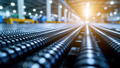 Fototapeta premium Close up View of an Industrial Conveyor System with Black Rollers and Bright Lighting in Factory Setting