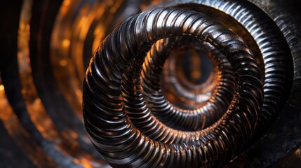 Abstract metal spiral, glowing circles, industrial background, design element