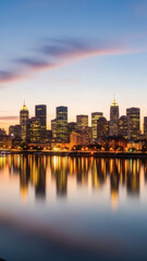 Obraz premium Evening Cityscape Skyline Reflected in River. Urban Landscape Background for Editorial or Web Use