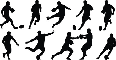 Rugby player silhouettes, dynamic sport action poses, running, tackling, kicking athletes, competitive rugby match symbols for sports design and illustration elements