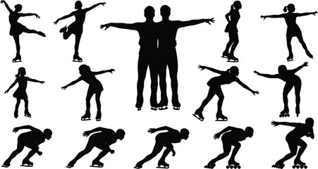 Silhouettes of figure skaters and roller skaters performing dynamic poses, artistic balance movements, synchronized skating actions, professional skating illustration set