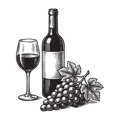 Wine Bottle and Glass with Grapes Vintage Engraving